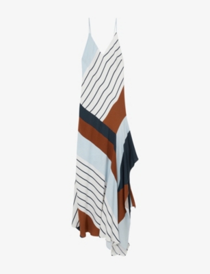 Reiss Womens Blue Brown Hallia Stripe-print Handkerchief Woven Maxi Dress In Blue Brown