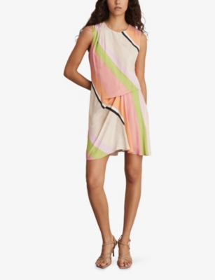 Reiss Womens Pink Green Ellia Stripe-print Tuck Woven Mini Dress In Pink Green
