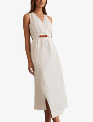 Reiss Womens Ivory Brianne Belted Cotton-blend Midi Dress In Ivory