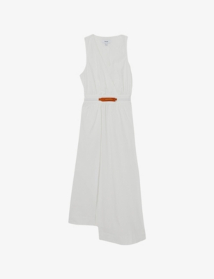 Reiss Womens Ivory Brianne Belted Cotton-blend Midi Dress In Ivory