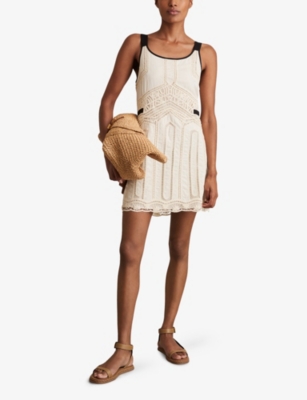 REISS: Scoop-Neck Contrast-Trim Cotton Crochet Mini Dress