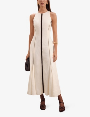 Reiss Womens Inaya Craft-stitch Linen-blend Midi Dress Ivory Black In Ivory Black