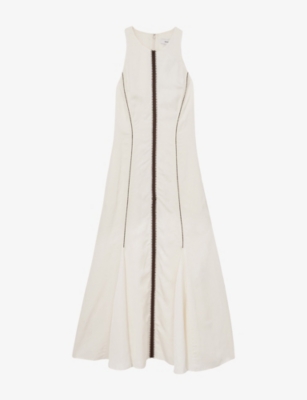 Reiss Womens Inaya Craft-stitch Linen-blend Midi Dress Ivory Black In Ivory Black