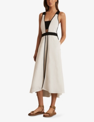 Reiss Ivory/black Valencia Contrast Trim Flared Midi Dress With Linen In Multi
