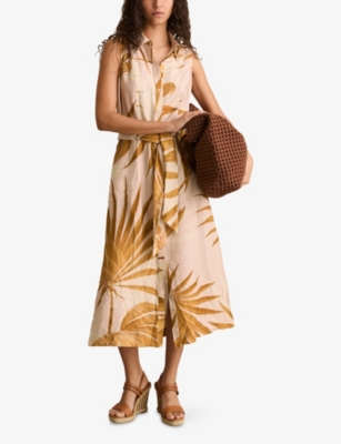 Reiss Morgan Frond Print Tie Belt Sleeveless Midi Shirtdress In Neutral