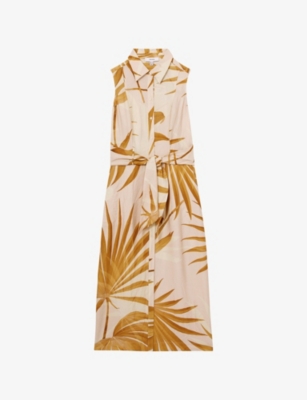 Reiss Morgan Frond Print Tie Belt Sleeveless Midi Shirtdress In Neutral