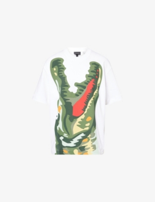 LACOSTE WOMENS WHITE PRINTED ROUND-NECK COTTON-JERSEY T-SHIRT 