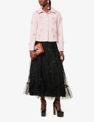 Godet embroidered tulle midi skirt