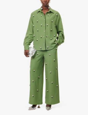 Sister Jane Womens  Formosa Bead-embellished Stretch-woven Shirt In Green
