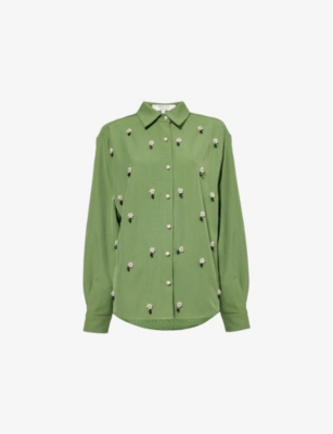 Sister Jane Womens  Formosa Bead-embellished Stretch-woven Shirt In Green