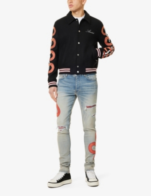 Shop Amiri Mens Antique Indigo Snake Embroidered Ripped Slim-fit Stretch-denim Jeans