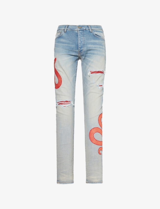 Snake embroidered ripped slim-fit stretch-denim jeans