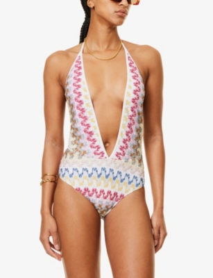 Shop Missoni Womens Multi W/white Base Plunge-neckline Metallic-knit Swimsuit
