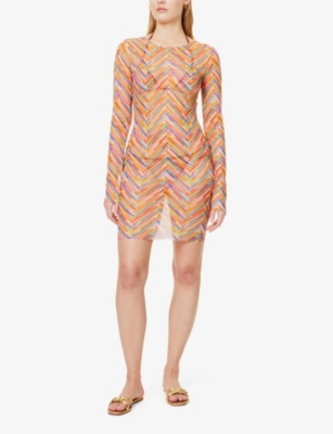 MISSONI WOMENS MULTI STICK CHEVRON CHEVRON-WEAVE LONG-SLEEVE TULLE TOP 