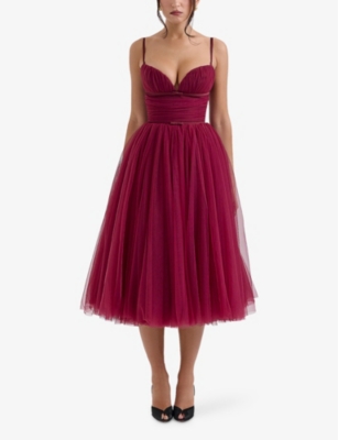 House Of Cb Womens  Countess Tulle Midi Dress In Cabernet