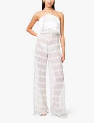 Missoni Womens White W/silver Lame Miss 3d Chevron Fringe Knitted Metallic Jumpsuit