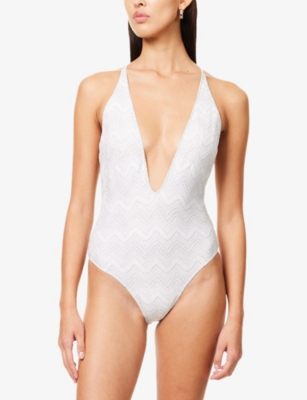 Missoni Womens Miss 3d Chevron Zig-zag Swimsuit White W/silver Lame