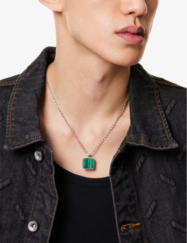 Square sterling-silver and malachite necklace