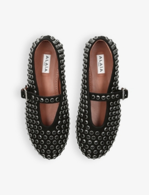 Shop Alaïa Womens Black Rhinestone-embellished Suede Ballerina Shoes Eur 41 / 8 Uk
