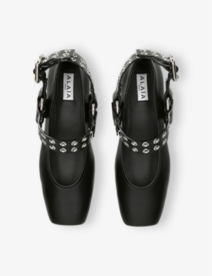 ALAÏA WOMENS PERFORATED EYELET-EMBELLISHED LEATHER BALLET FLATS BLAC