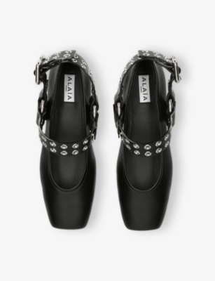 Perforated Eyelet-Embellished Leather Ballet Flats