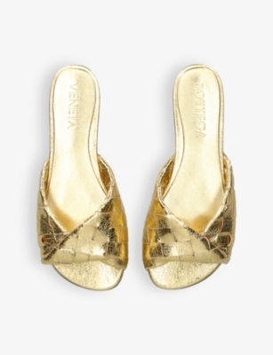 BOTTEGA VENETA WOMENS GOLD BLINK FLAT INTRECCIATO LEATHER MULES