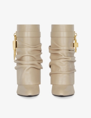 GIVENCHY: Shark Lock Stiletto Srunched Low Leather Heeled Ankle Boots