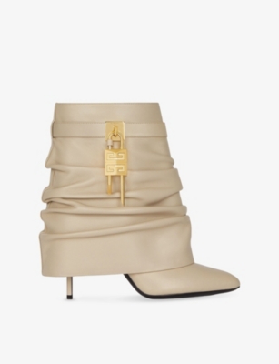 GIVENCHY: Shark Lock Stiletto Srunched Low Leather Heeled Ankle Boots