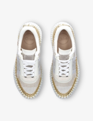 Chloé Nama Embroidered Metallic Leather And Mesh Sneakers In Gold