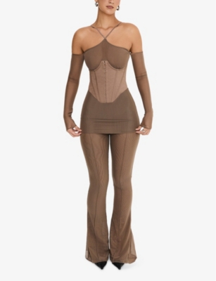 MISTRESS ROCKS WOMENS MISTRESS ROCKS SEAMED FLARED-LEG STRETCH-MESH TROUSERS 