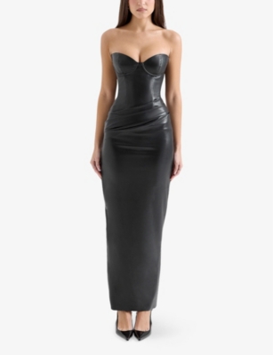 House Of Cb Womens Juliana Slim-fit Corseted-bodice Vegan-leather Maxi Dress Black In Black