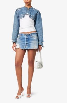 JEAN VINTAGE WOMENS LIGHT BLUE WASH BIKER CROPPED SLIM-FIT UPCYCLED DENIM JACKET XS 