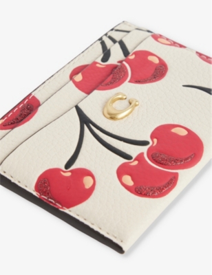 COACH WOMENS CHERRY-PRINT LEATHER CARD HOLDER CHALK MULTI