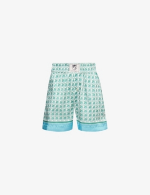 PALM ANGELS WOMENS GREEN DIAMOND-MONOGRAM RELAXED SATIN SHORTS
