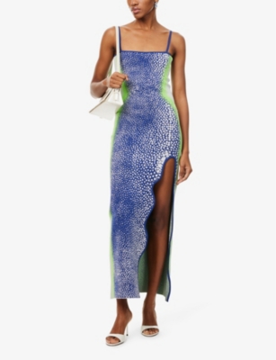 PH5 H5 WOMENS HEATHER SHOULDER-STRAPS STRETCH-WOVEN MAXI DRESS NAVY GREEN 