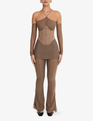 Shop Mistress Rocks Womens Halterneck Corset Stretch-cotton Twill Mini Dress Mocha