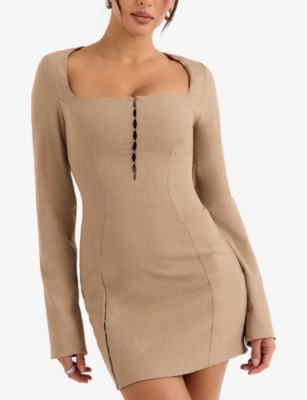 Mistress Rocks Long Sleeve Cocktail Minidress In French Beige