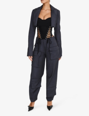 Shop Mistress Rocks Womens Tapered-leg Cargo-pocket Stretch-tailored Trousers Dark Grey
