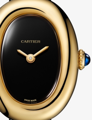 CARTIER BLACK CRWGBA0040 BAIGNOIRE MINI 18CT YELLOW-GOLD AND LEATHER QUARTZ WATCH 