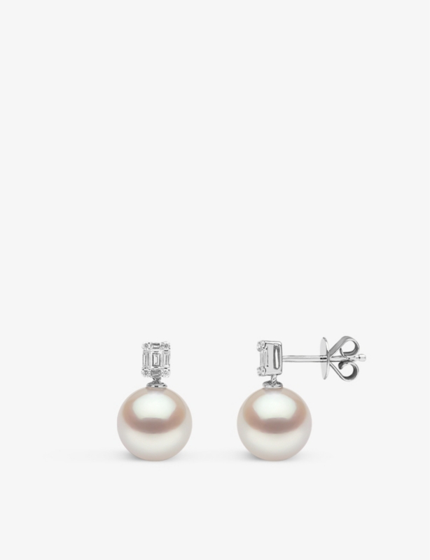 Starlight 18ct white-gold, South Sea-pearl, baguette-cut 0.30ct diamond stud earrings