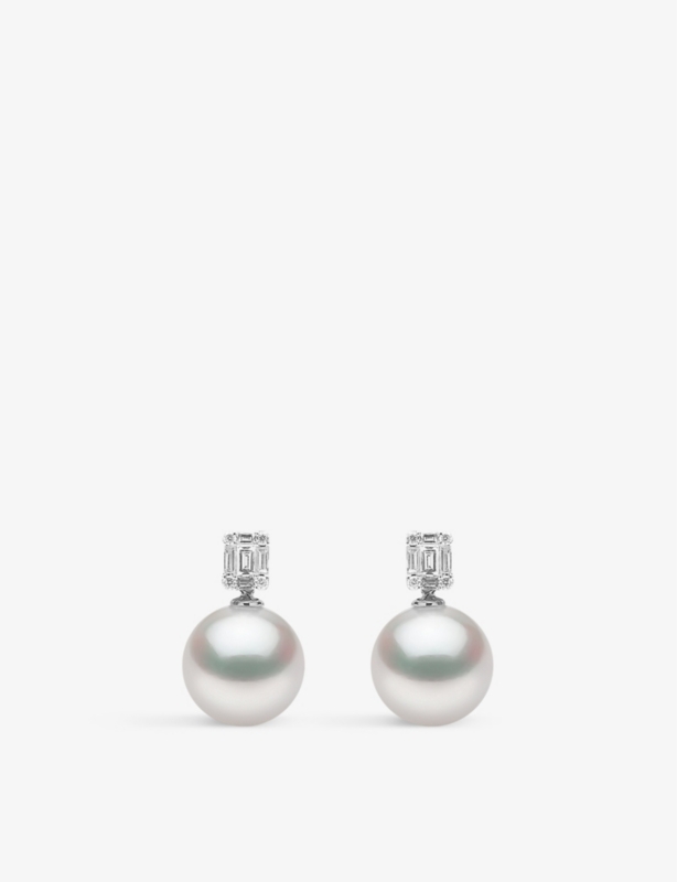 Starlight 18ct white-gold, South Sea-pearl, baguette-cut 0.30ct diamond stud earrings