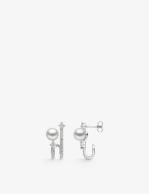 YOKO LONDON WOMENS WHITE GOLD JAZZ 18CT WHITE-GOLD AKOYA-PEARL AND BRILLIANT ROUND-CUT 0.75CT DIAMOND EARRINGS 