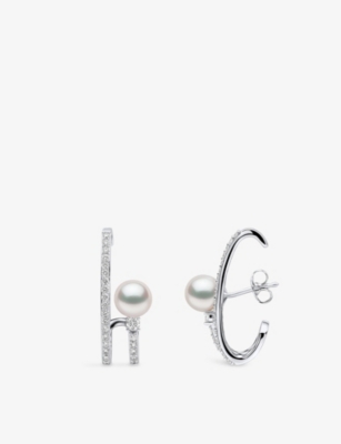 YOKO LONDON WOMENS WHITE GOLD JAZZ 18CT WHITE-GOLD, AKOYA-PEARL AND BRILLIANT ROUND-CUT 0.75CT DIAMOND EARRINGS 