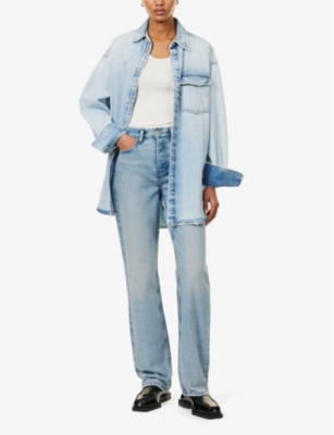 DALA WOMENS CANYON ALLEY NO BACK SEAM BRAND-PATCH STRAIGHT-LEG MID-RISE ORGANIC-DENIM JEANS 