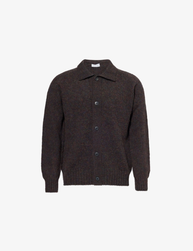 Long-sleeve brushed-texture knitted wool cardigan