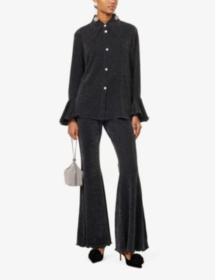 SLEEPER WOMENS BLACK LUREX LOUNGE FLARED-CUFFS STRAIGHT-LEG MIS-RISE STRETCH-WOVEN SET 