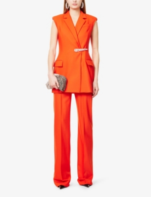 Shop David Koma Womens  Asymmetric-waistband Jetted-pockets Straight-leg High-rise Stretch-wool Trousers In Orange