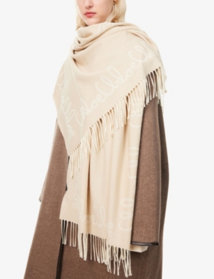 CHLOÉ WOMENS LOVELY BEIGE ICONIC LOGO-PRINT JACQUARD WOOL SCARF 