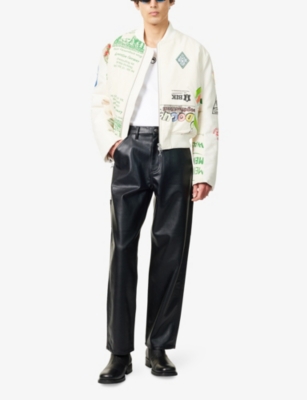 MARINE SERRE: Check-pattern leather-sleeve wool bomber jacket