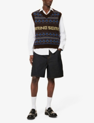 MARINE SERRE S DEEP BROWN GRAPHIC-INTARSIA V-NECK KNITTED VEST XL 